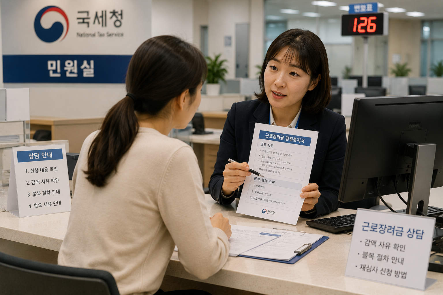 세무서 민원실에서 감액 사유와 불복 절차를 문의하는 장면