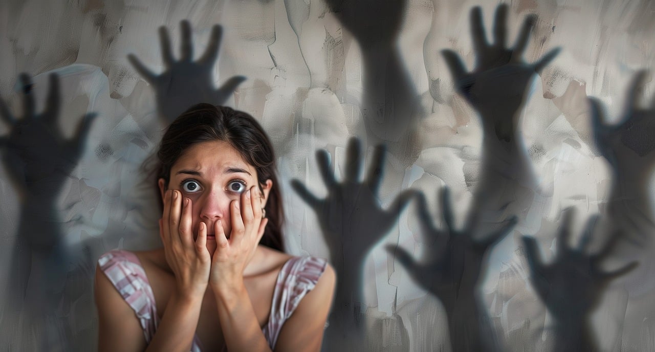 불안함에 양손으로 얼굴을 감싸고 있는 이미지