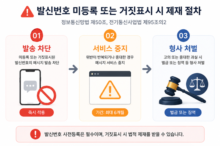 발신번호 미등록과 거짓표시 행위에 대한 발송 차단, 서비스 중지, 형사 처벌 단계별 제재 구조