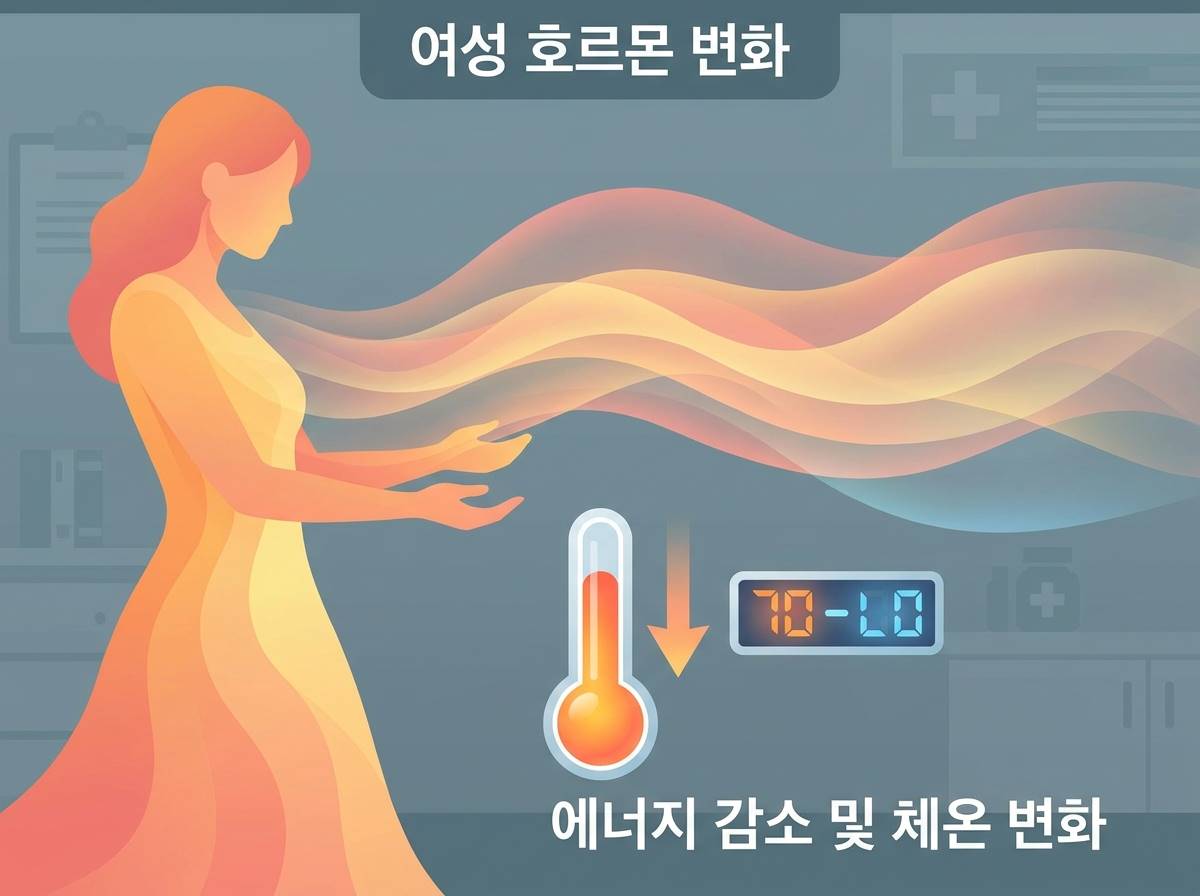 여성 호르몬 변화를 시각화한 그래픽, 따뜻한 색상의 에너지가 신체에서 빠져나가는 듯한 느낌과 함께 온도계 수치가 변하는 모습