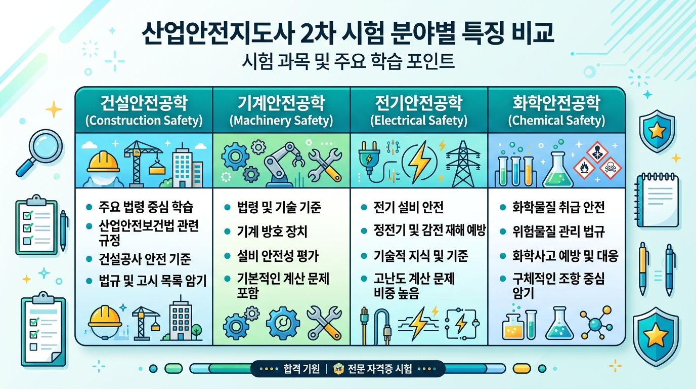 건설&middot;기계&middot;전기&middot;화공안전 분야별 출제 성격 비교 &mdash; 법령암기&middot;계산 비중&middot;주요 반복주제