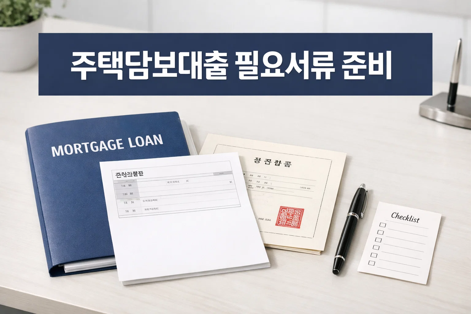 주택담보대출 신청 전에 확인해야 할 기본 준비서류와 은행 제출 서류 구성을 설명한 이미지