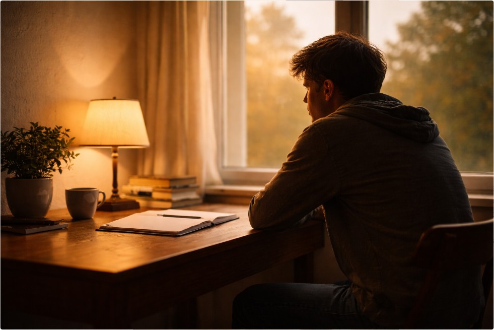 이른 아침 창가에 앉아 노트를 펼쳐두고 자신의 결정을 차분히 생각하는 모습