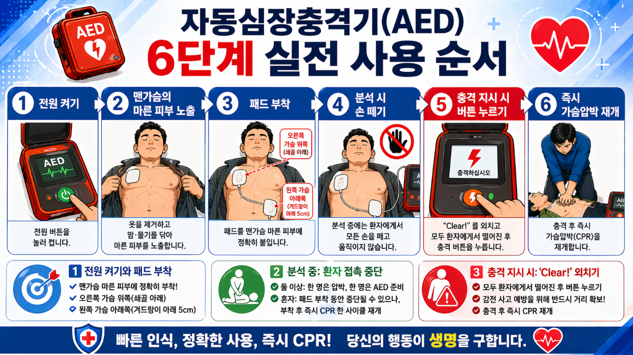 자동심장충격기(AED) 6단계 사용 순서, 전원·패드 부착·충격·CPR 재개 과정