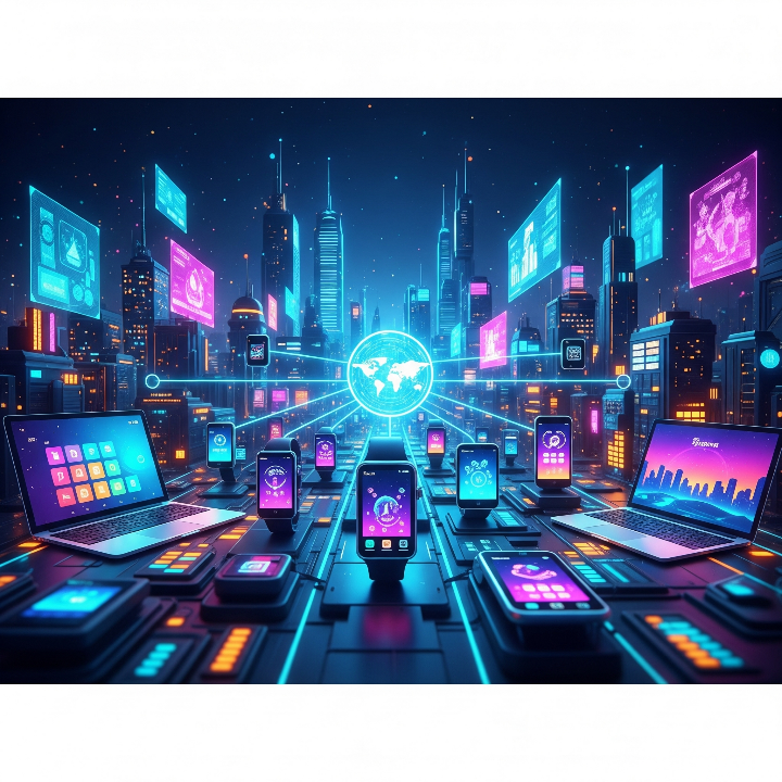 화려하고 연결된 디지털 세상의 모습과 다양한 스마트 기기들