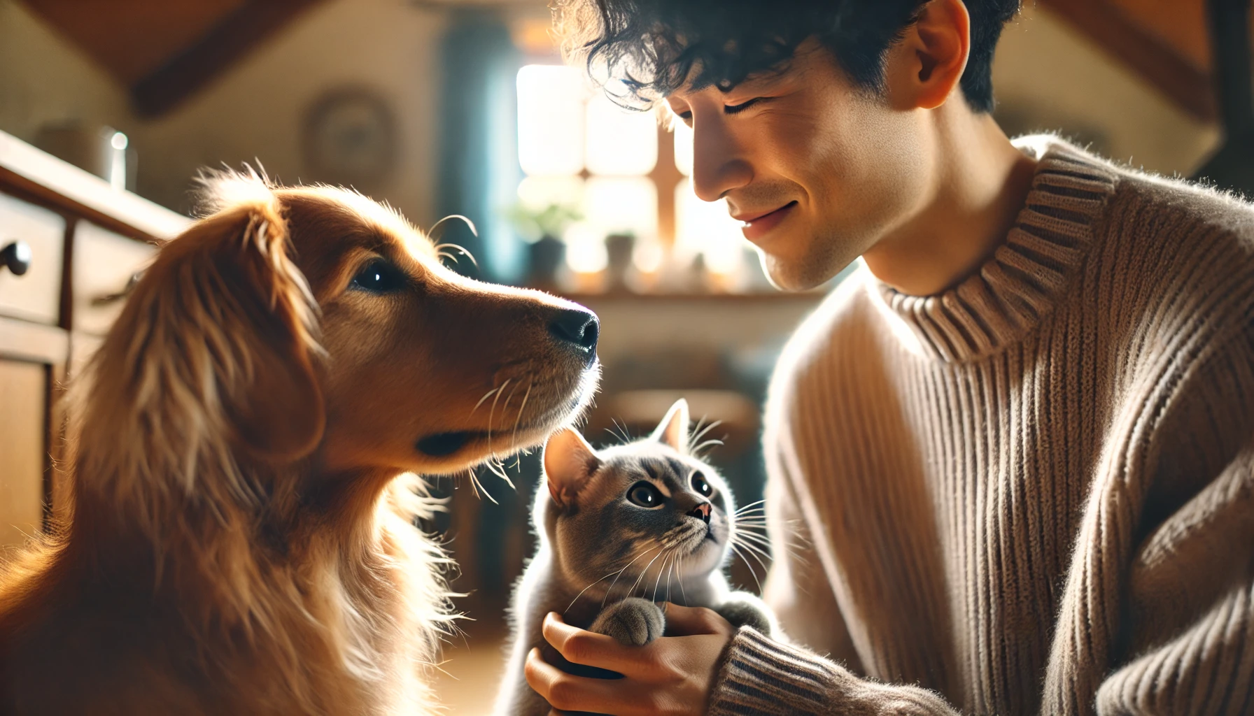 반려견 반려묘 그리고 사람이 따뜻한 눈으로 서로 마주보고있는 그림