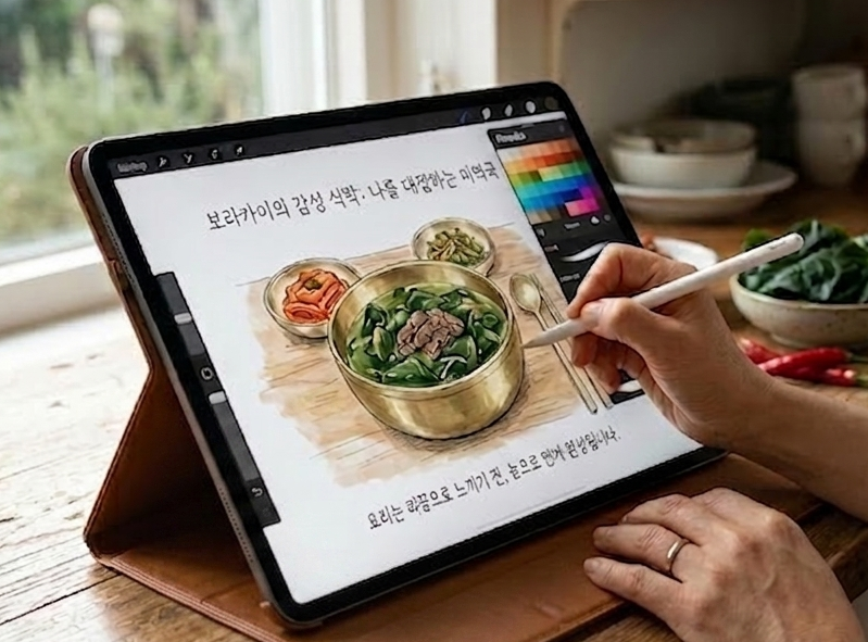 따뜻한 햇살이 비치는 창가 나무 테이블 위에서 한 여성이 아이패드와 스타일러스 펜을 사용하여 소고기 미역국 플레이팅을 드로잉하고 있다. 태블릿 화면에는 방짜유기 놋그릇에 정갈하게 담긴 미역국과 반찬들이 일러스트로 그려져 있으며, 하단에는 '요리는 혀끝으로 느끼기 전, 눈으로 먼저 완성됩니다'라는 문구가 적혀 있다. 사용자의 손과 아이패드에 집중된 구도로, 감성적이고 정성스러운 요리 준비 과정을 보여준다.