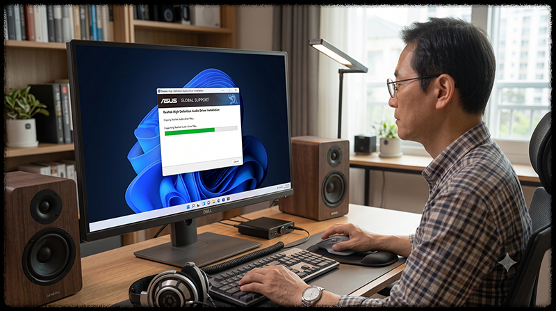 Windows 11에서 제조사 공식 Realtek 오디오 드라이버를 다시 설치하는 모습