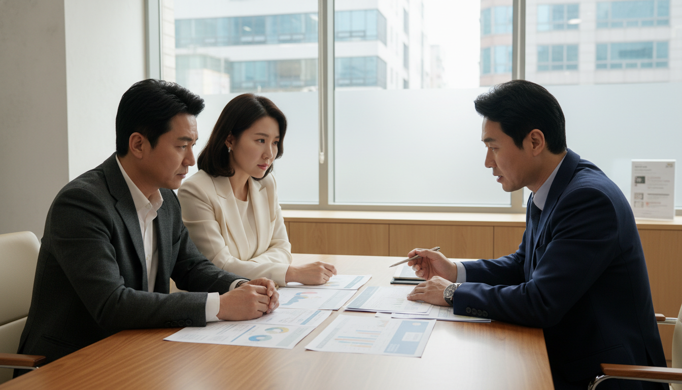 부동산 사무실에서 서류를 확인하는 한국인 부부와 공인중개사