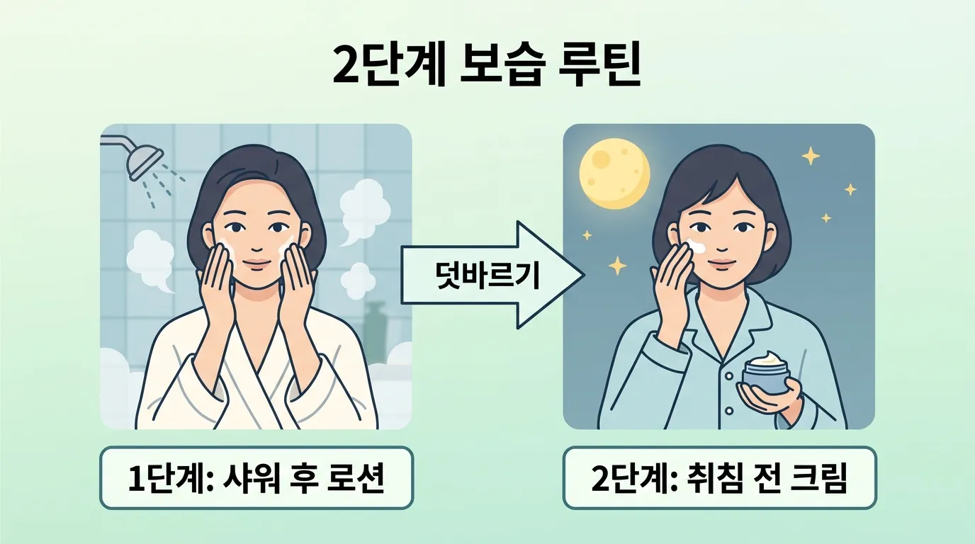 샤워 후 1차 로션과 취침 전 2차 크림을 바르는 보습 루틴 순서도