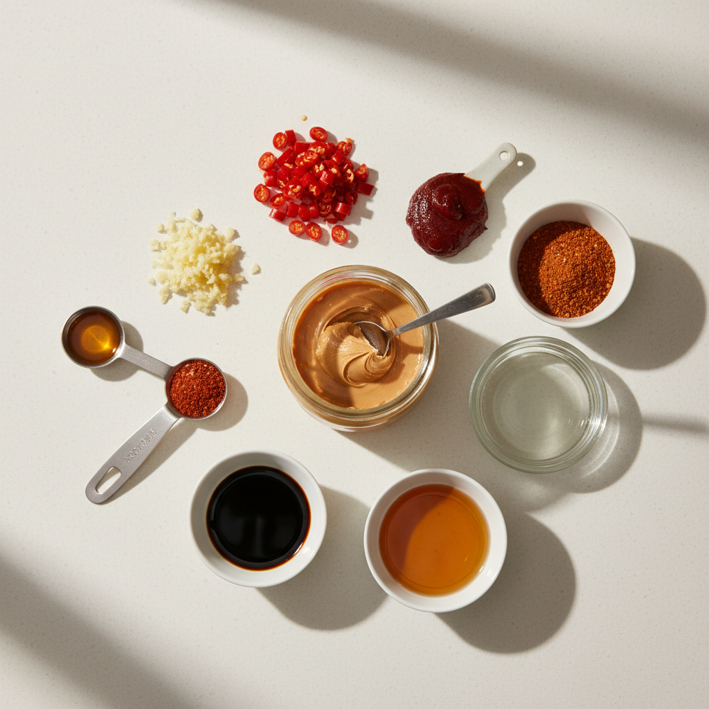 땅콩 버터를 포함한 지포 무침 양념 재료들