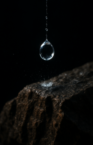 어두운 배경의 단단하고 거친 바위 표면에, 밝은 조명을 받은 물방울 하나가 막 떨어지기 직전의 순간을 포착한 고화질 이미지