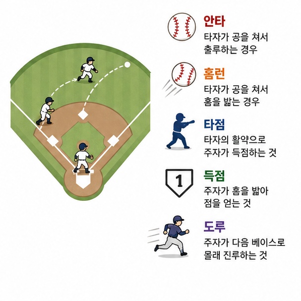 안타, 홈런, 타점, 득점, 도루 등 공격 야구 용어를 정리한 이미지