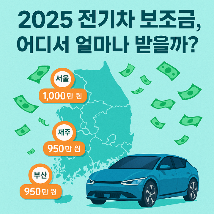 2025년 전기차 보조금 지역별 지원금 비교 지도 – 서울, 부산, 제주 금액과 전기차 일러스트