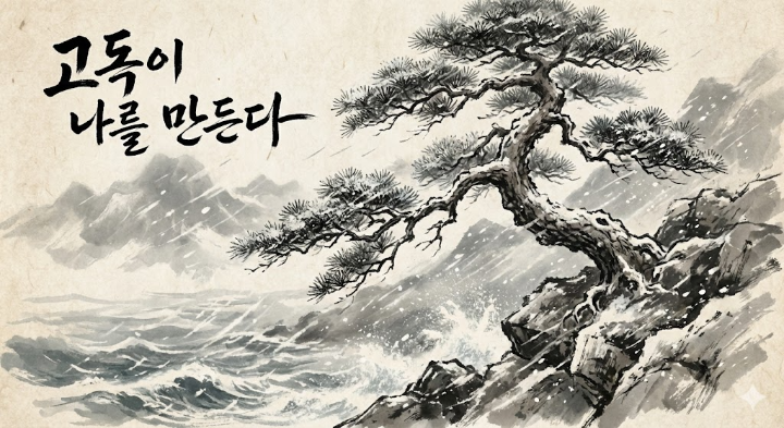 눈보라 속 굳건한 소나무 일러스트 '고독이 나를 만든다