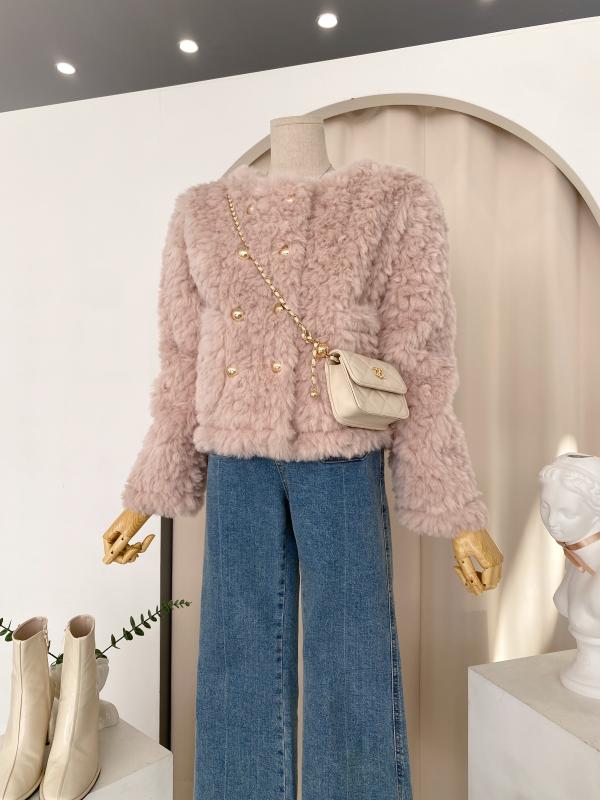 웨이브 뽀글이 금장단추 여성 겨울 페이크 퍼자켓