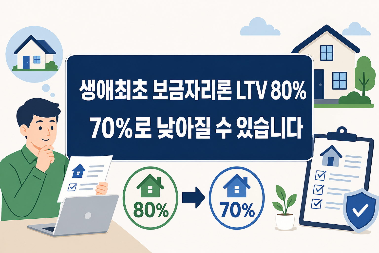 생애최초 보금자리론 LTV 80%가 조건에 따라 70%로 낮아질 수 있음을 한눈에 비교하도록 정리한 썸네일 이미지