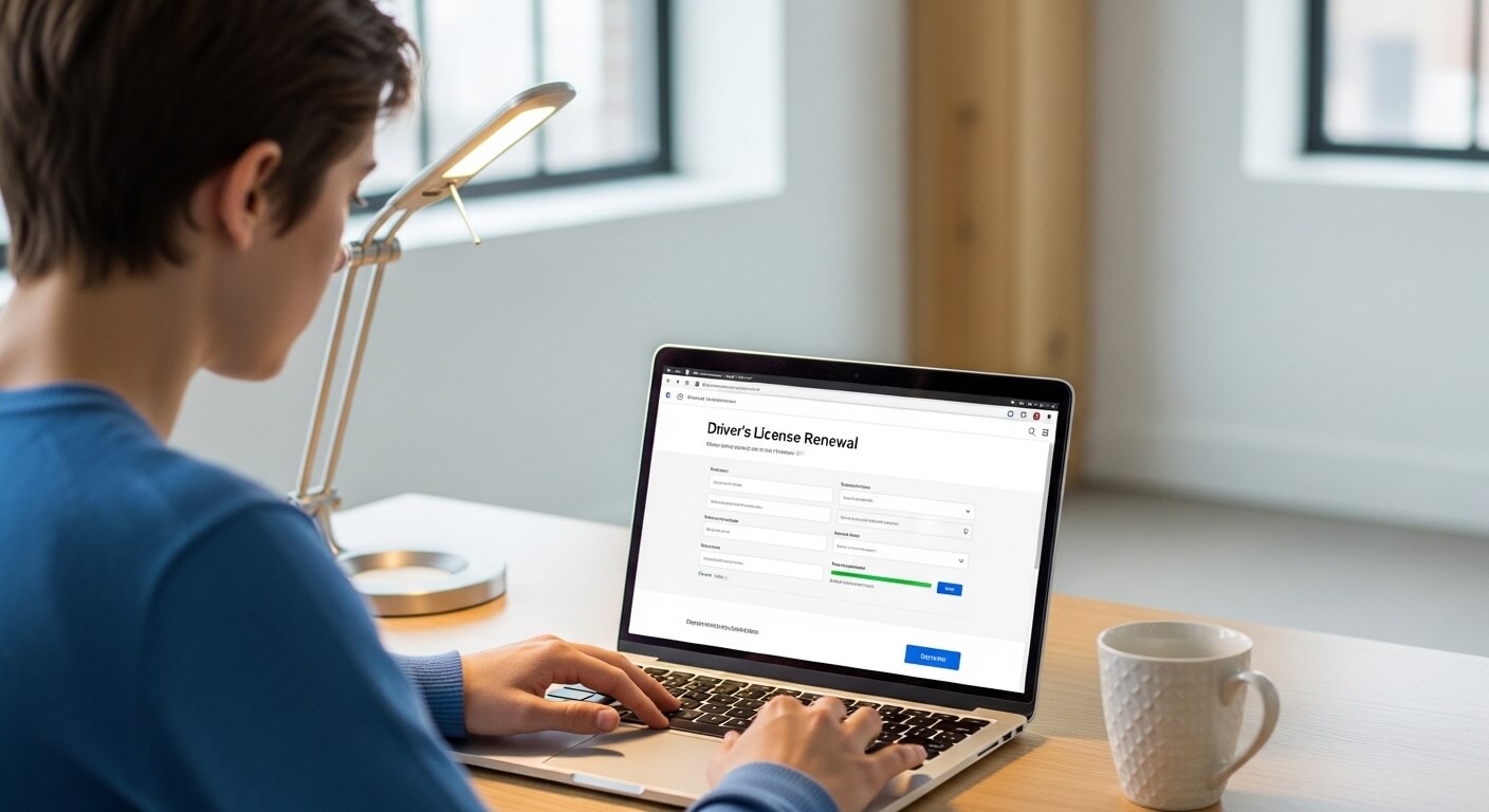 노트북으로 운전면허 갱신 신청서를 작성하는 사람