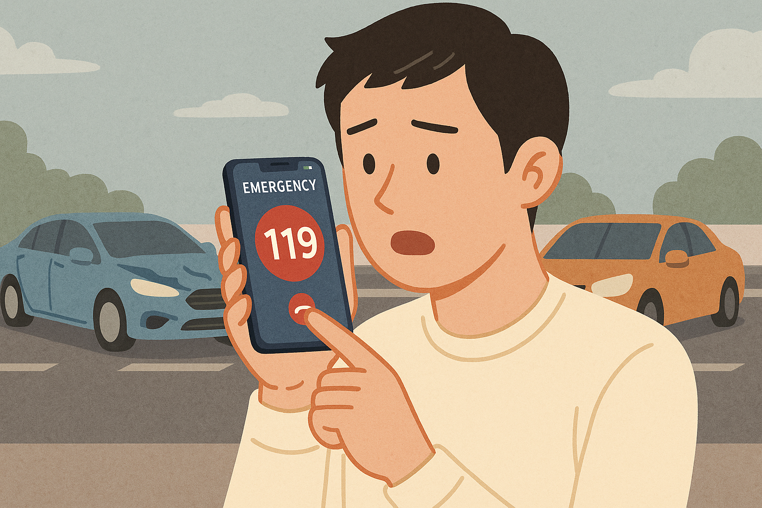 교통사고 현장에서 스마트폰으로 119에 신고 중인 시민의 모습