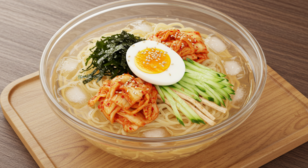 김치말이국수가 투명한 유리 그릇에 담겨 있다.