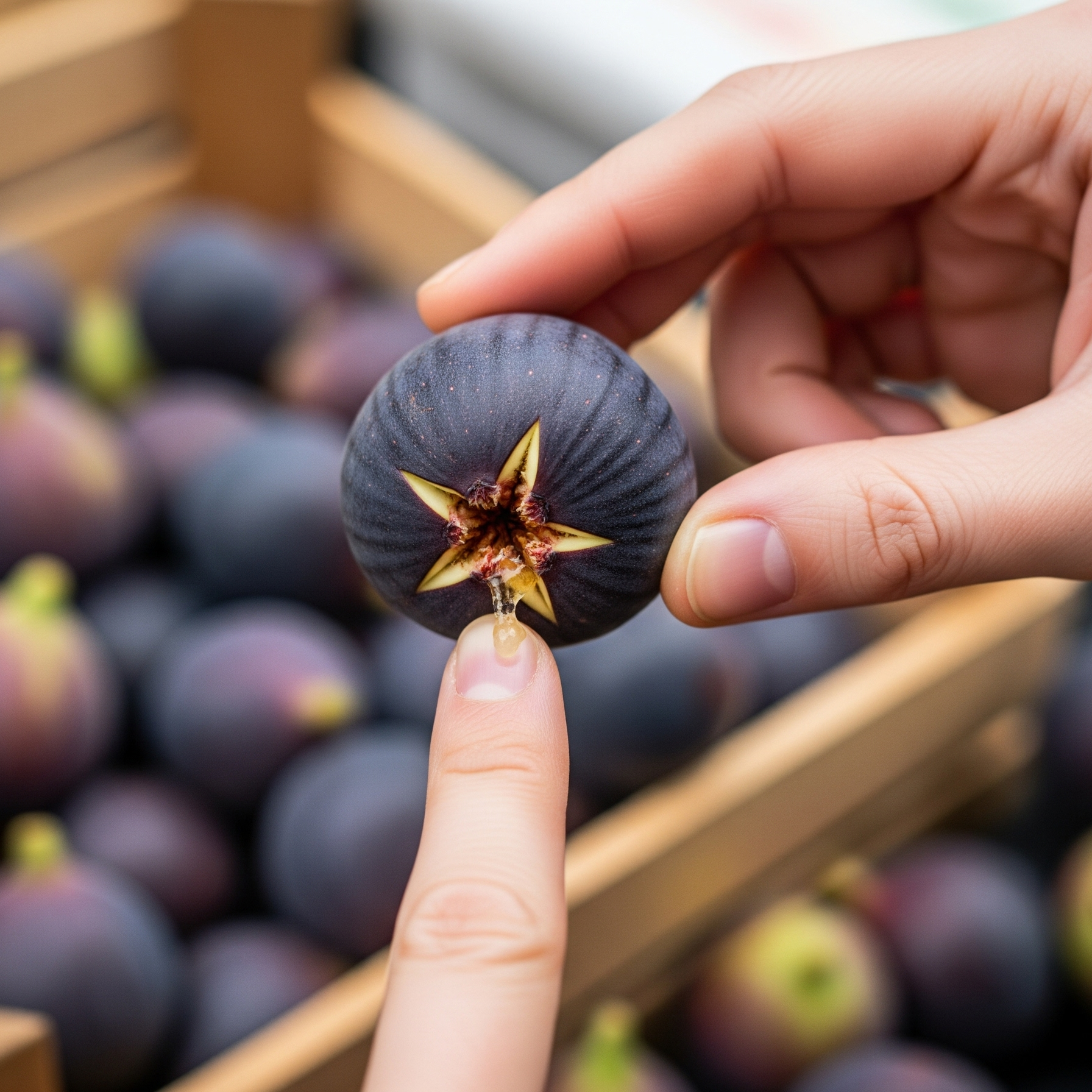 독자에게 실용적인 정보를 제공하는 이미지입니다. 좋은 무화과의 특징인 '갈라진 밑부분'과 '신선한 색'을 클로즈업하여 보여줌으로써, 독자가 시장에서 직접 좋은 상품을 고를 수 있도록 돕습니다.