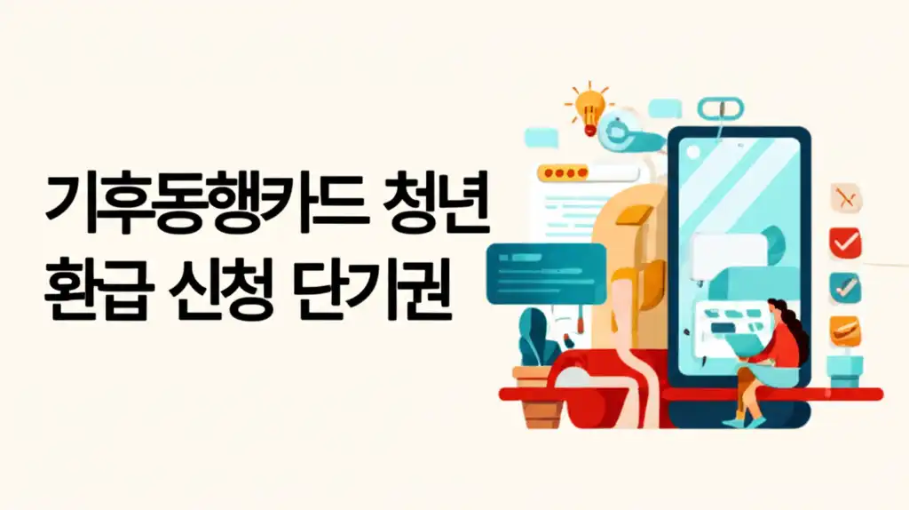 대중교통을 이용하는 젊은이들의 활기찬 모습과 기후동행카드 청년 환급 관련 정보가 담긴 썸네일 이미지