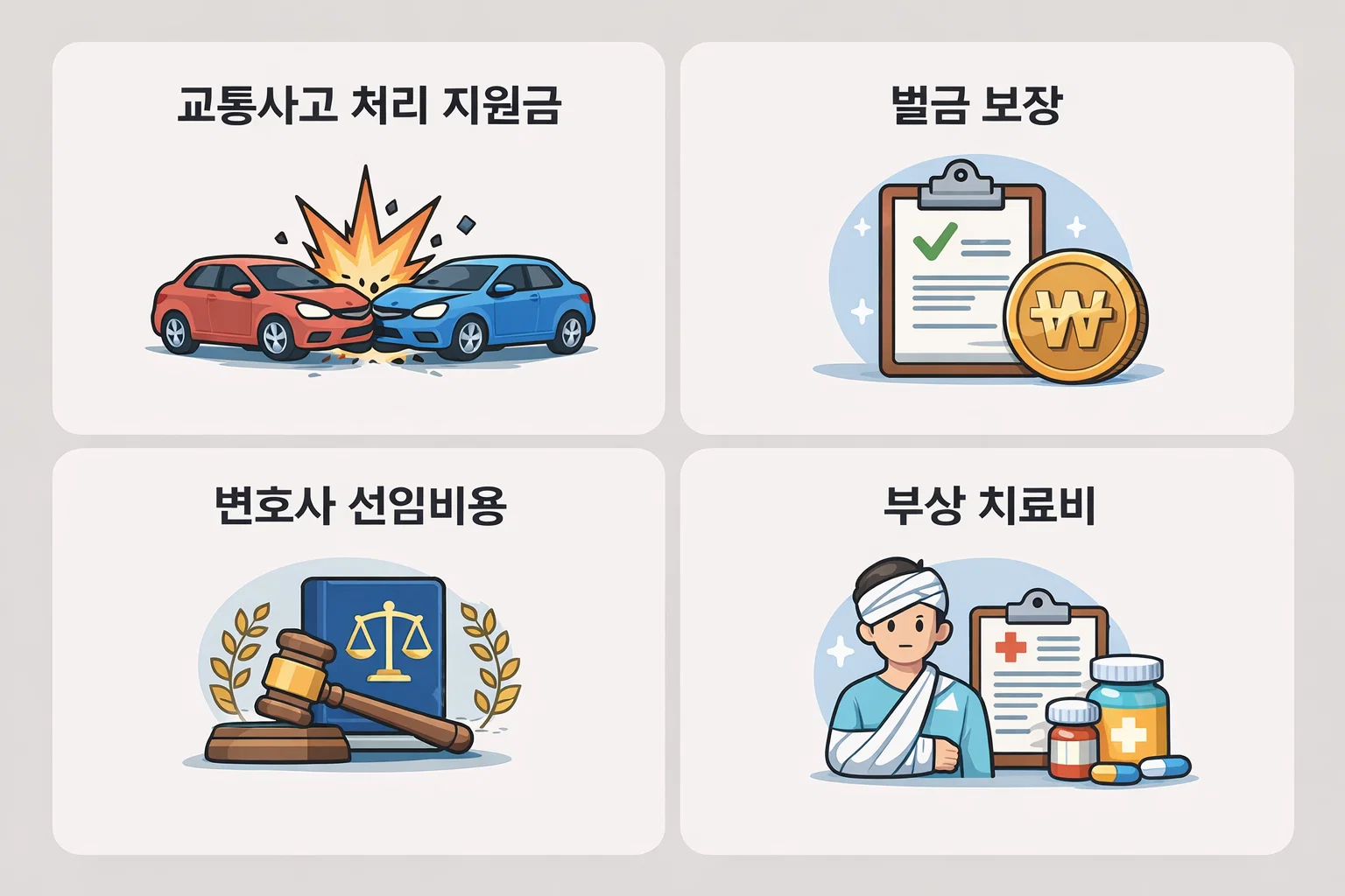 교통사고 처리 지원금, 벌금 보장, 변호사 선임비용, 부상 치료비 등 운전자보험 다이렉트 상품의 필수 보장 항목을 정리한 이미지