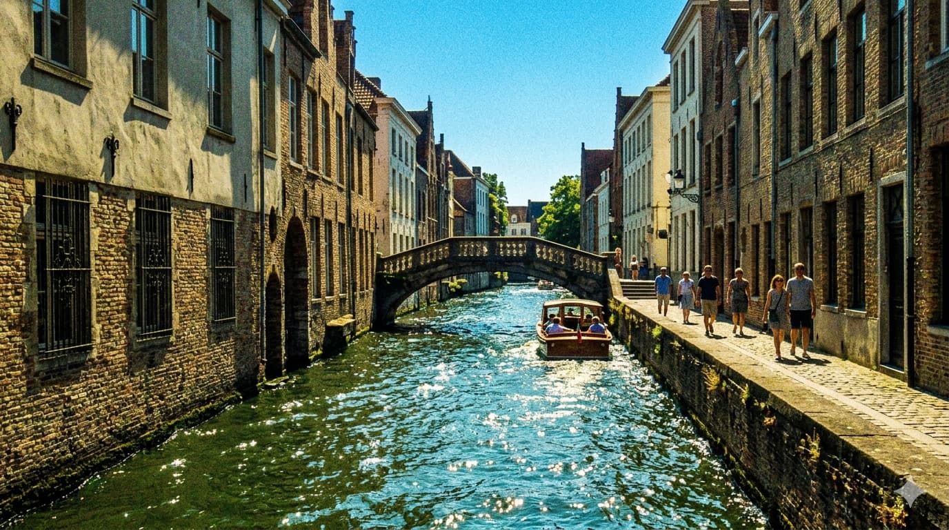 2000년대 초반 빈티지 디지털 카메라 특유의 높은 채도와 노이즈 질감이 느껴지는 유럽 운하와 다리 풍경 스냅 사진.