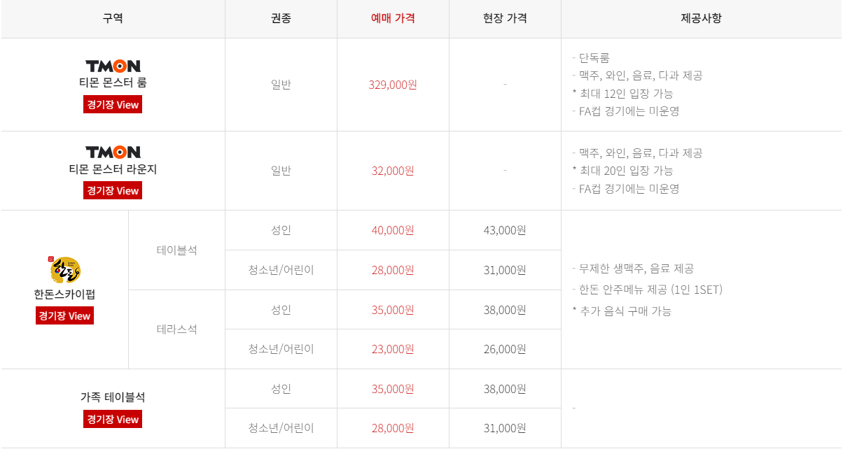FC서울 서울월드컵경기장 입장권 요금표(티켓 가격)