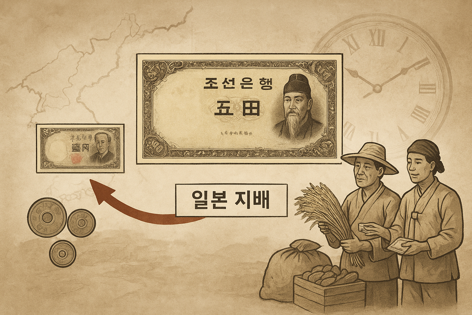 일제강점기 조선은행권과 일본 엔화의 관계, 조선 농민과 상인의 일본 화폐 거래 모습을 보여주는 이미지.
