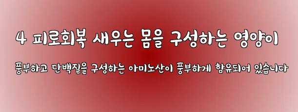  4 피로회복 새우는 몸을 구성하는 영양이 풍부하고 단백질을 구성하는 아미노산이 풍부하게 함유되어 있습니다