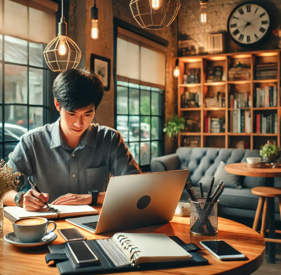 카페에서 컴퓨터와 노트를 펼쳐두고 자료를 정리하는 사진