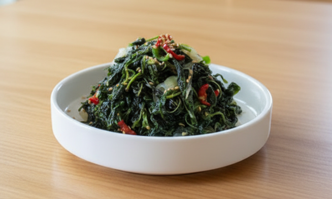 들깨가루와 들기름이 어우러져 윤기가 흐르는 고소한 깻잎순 나물 볶음이 소복하게 담겨있다