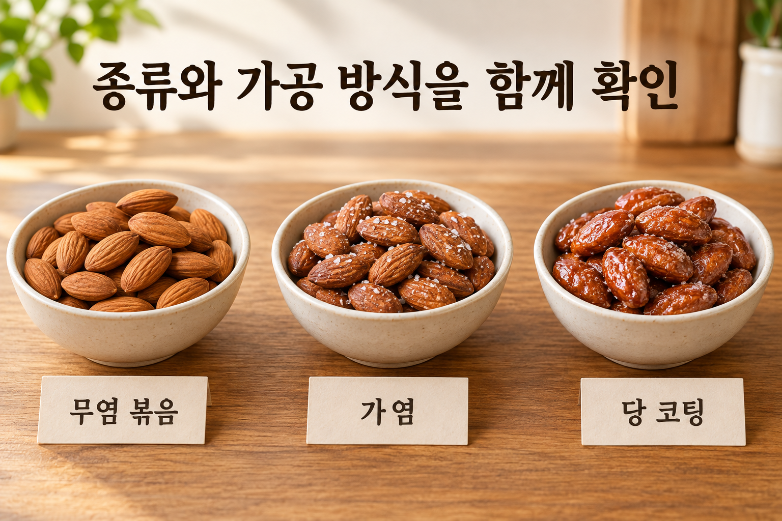 무염 볶음&middot;가염&middot;당 코팅 아몬드를 각각 담은 세 그릇