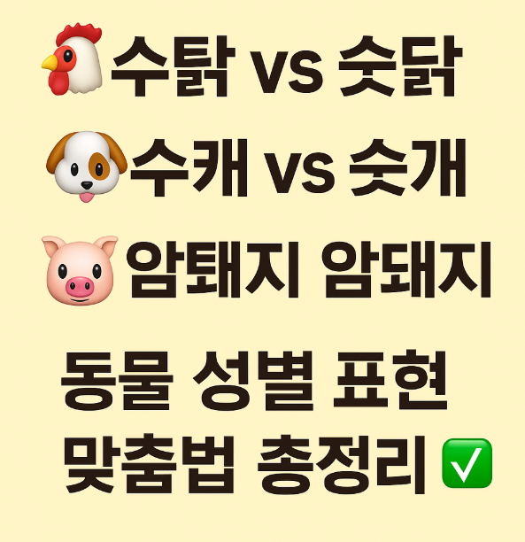 수컷 암컷 수탉 암탉 수캐 암캐 수퇘지 암퇘지 - 동물 성별 표현 맞춤법을 동물 이미지와 함께 친근하게 표현한 이미지