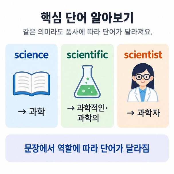 science와 scientific scientist의 뜻과 문장에서의 역할을 비교한 이미지