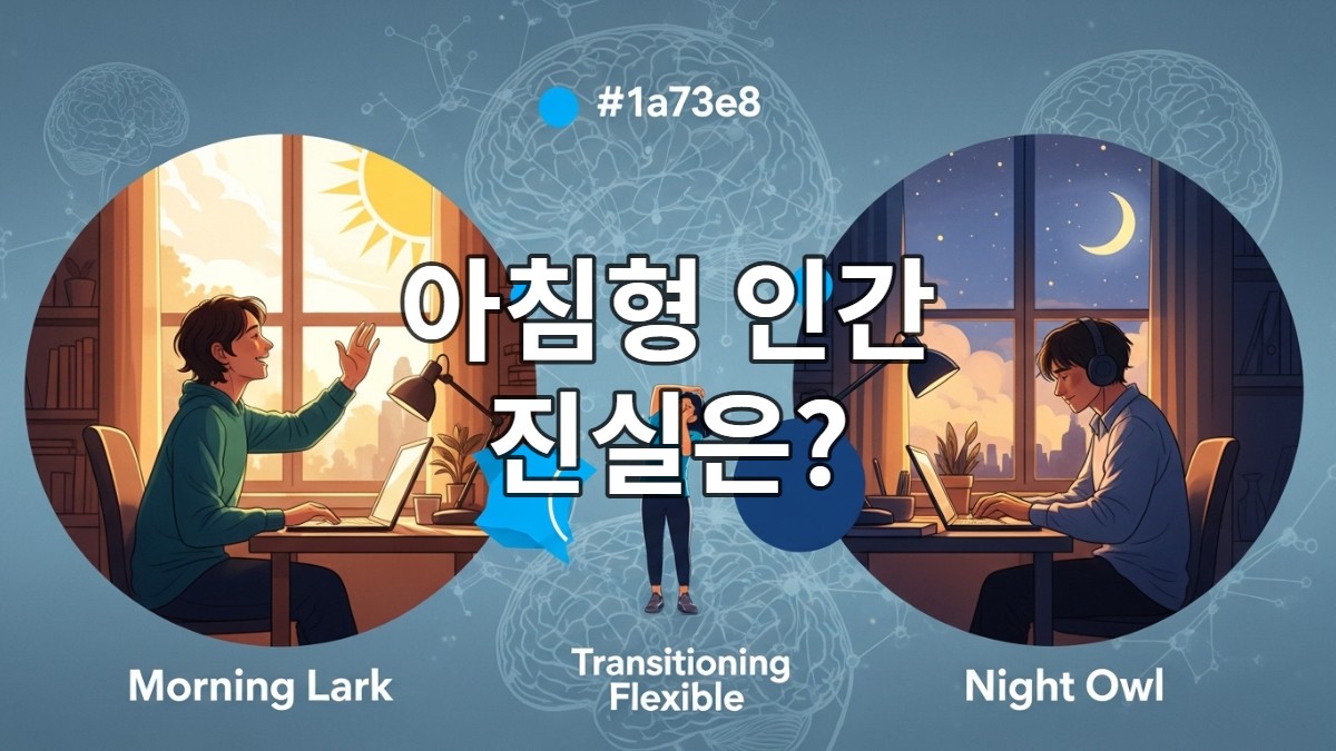 아침 햇살에 활기찬 사람과 저녁 조명 아래 집중하는 사람, 그리고 그 사이에서 균형을 잡는 사람을 묘사한 이미지로, 다양한 크로노타입에 따른 개인의 최적 생산성 리듬을 상징합니다.