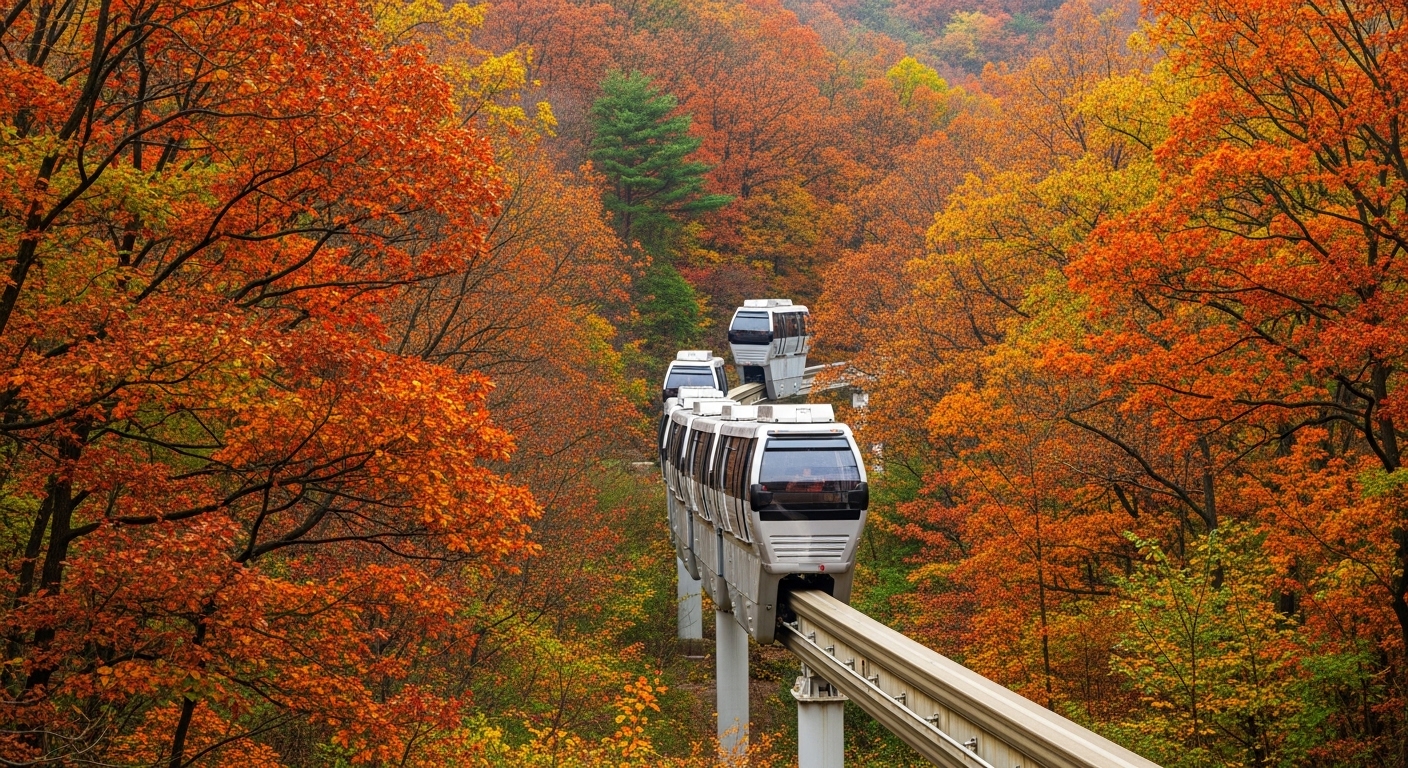 화담숲의 단풍 숲 사이를 통과하며 운행하는 모노레일의 모습. 붉고 노란 단풍이 가득한 풍경이 아름답다.