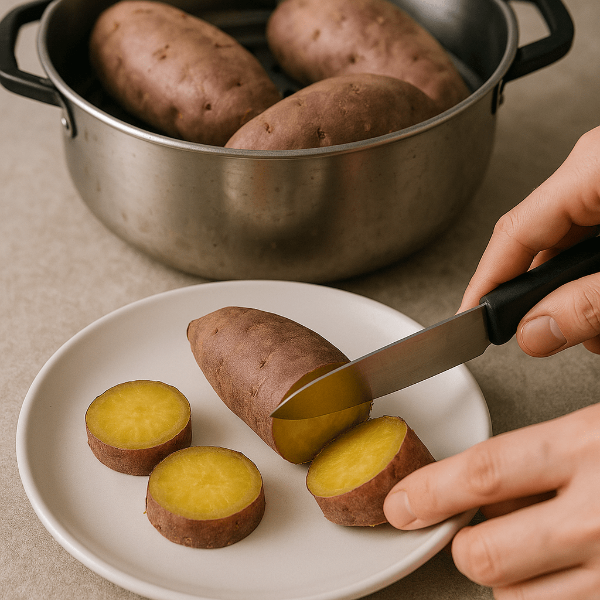 갓 쪄낸 고구마를 반으로 자르고있는 이미지