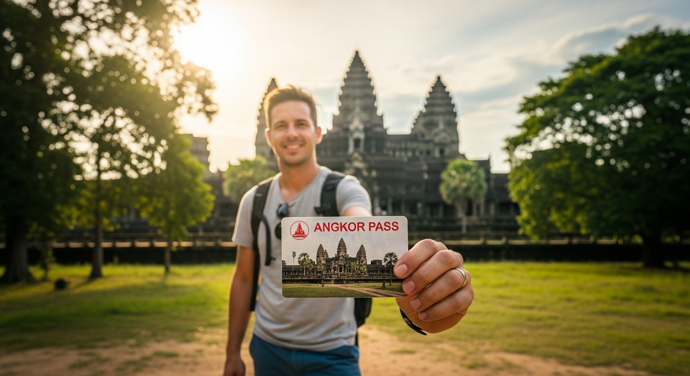 관광객이 앙코르 패스 티켓을 보여주는 모습이미지