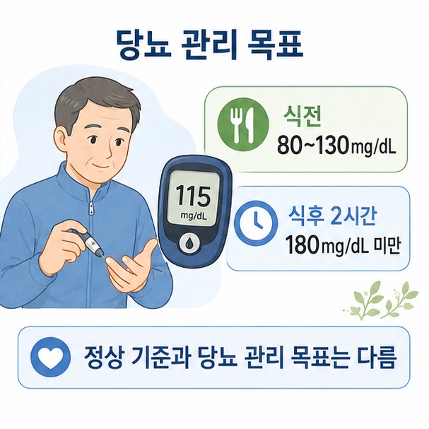 당뇨병 환자의 일반적인 혈당 관리 목표가 식전 80~130mg/dL, 식후 2시간 180mg/dL 미만임을 보여 주는 그림