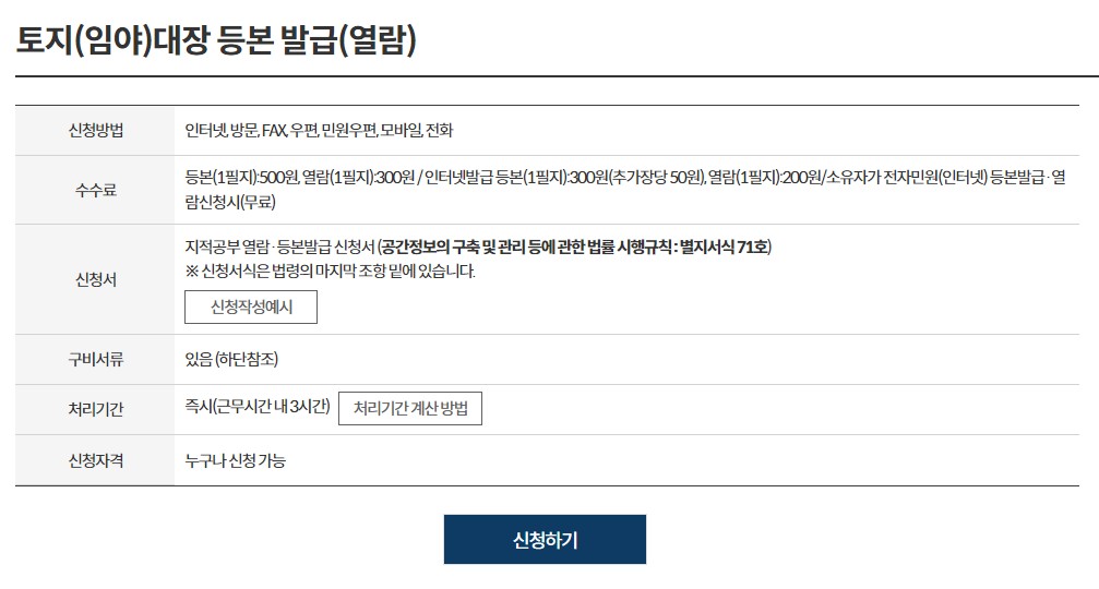 정부24 토지임야대장 열람 신청