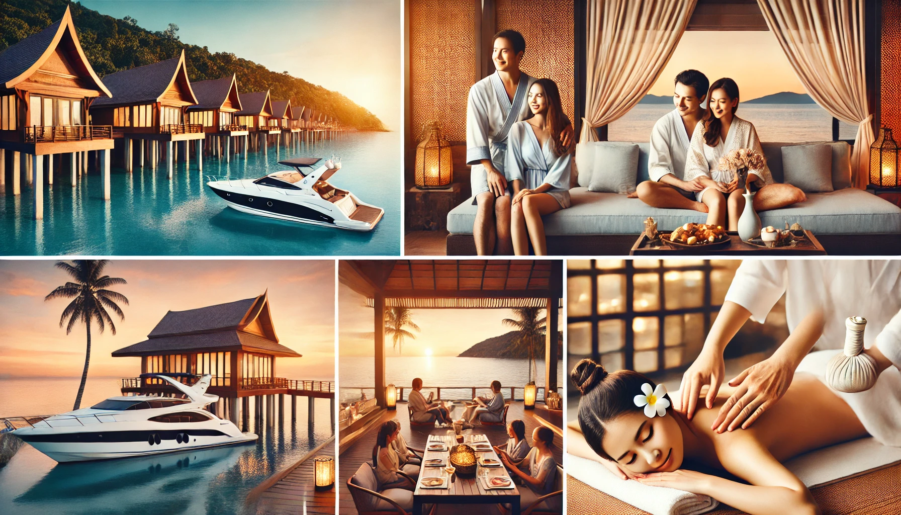 푸켓에서 부모님과 함께 여유롭게 여행을 즐기는 모습 (럭셔리 리조트, 크루즈, 마사지 등)