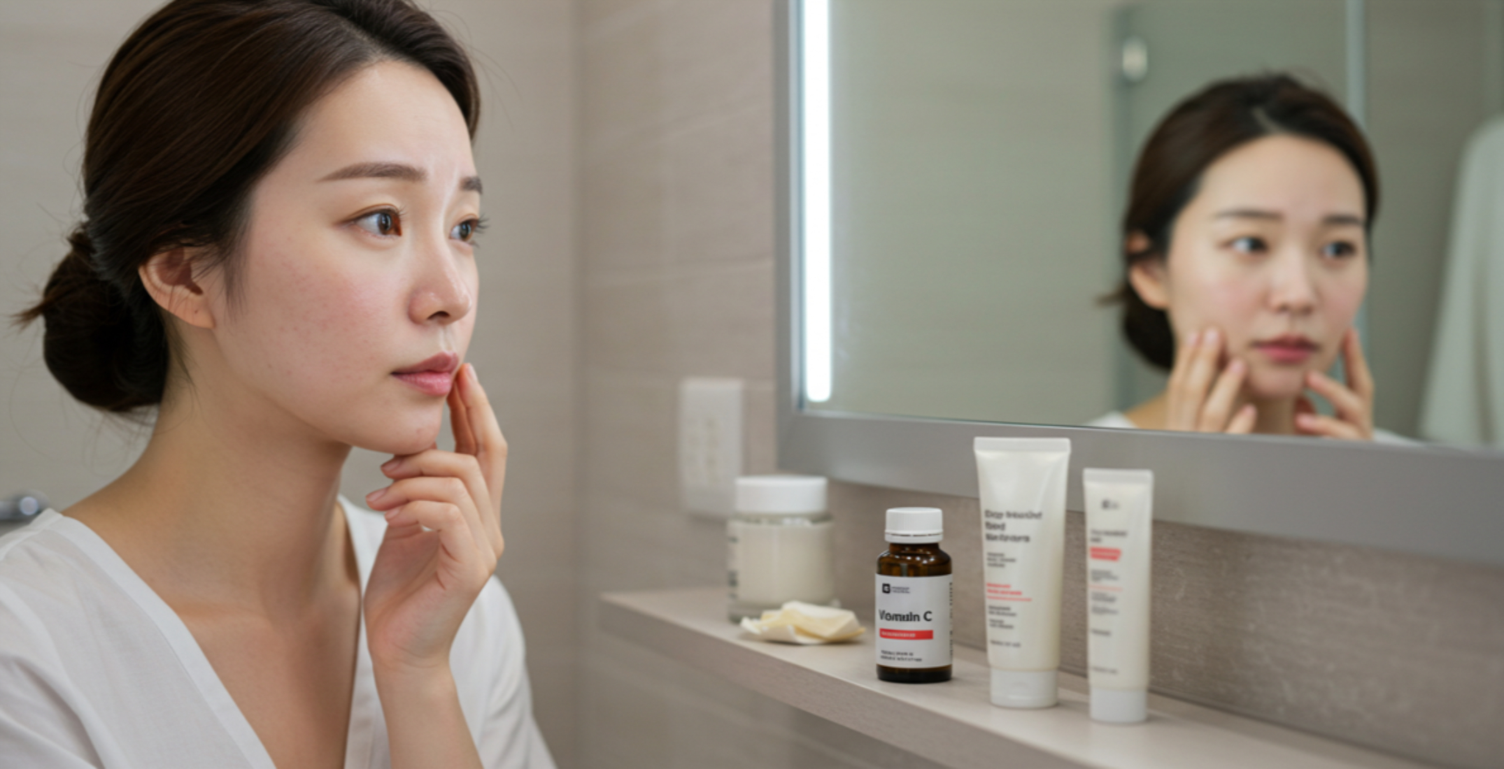 피부트러블로 고민하는 여성의 모습, 비타민 부족으로 보충이 필요한 상황 표현