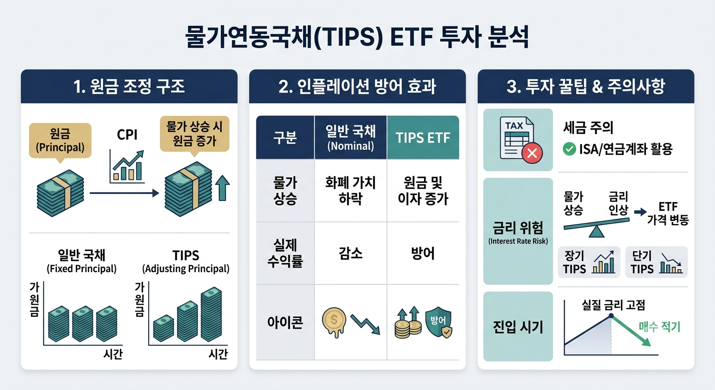 물가연동국채 TIPS ETF 원금 조정 구조 및 인플레이션 방어 효과 인포그래픽