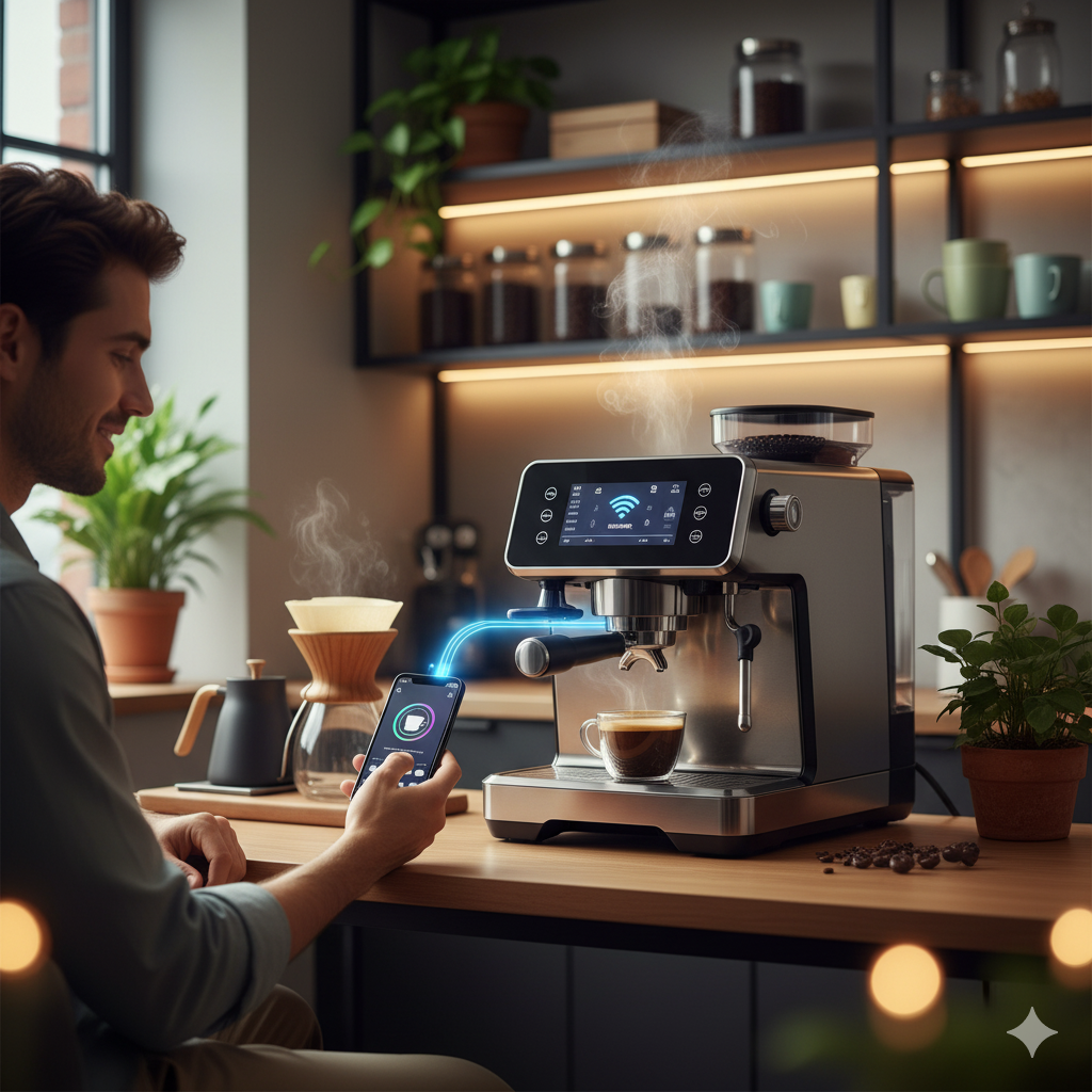앱 연동으로 작동 중인 스마트 커피머신과 홈카페 공간 전경(이미지 생성:google)