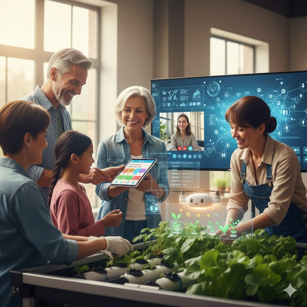 이미지 출처: AI 생성 이미지(콘텐츠 이해를 돕기 위한 시각 자료. 실제 인물을 특정하지 않은 AI 생성 이미지)
이미지에 등장하는 인물들(중장년층, 청년층, 아동)과 사물들(태블릿, AI 홀로그램)이 무엇을 하고 있는지 객관적으로 설명합니다.