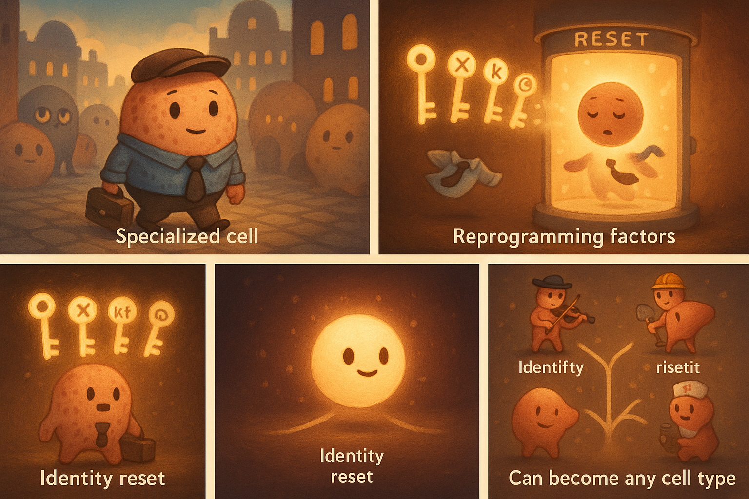 세포 리프로그래밍, 시간을 되돌리게 한 생명과학의 마법
세포가 기존의 정체성을 잃고 다시 만능 줄기세포(iPSCs)로 되돌아가는 과정을 보여주는 그림