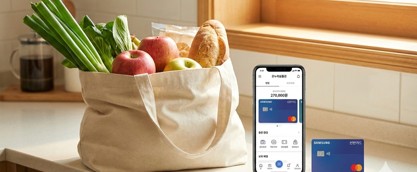 장바구니옆에 놓인 신용카드, 그리고 온누리상품권 스마트폰 화면의 모습