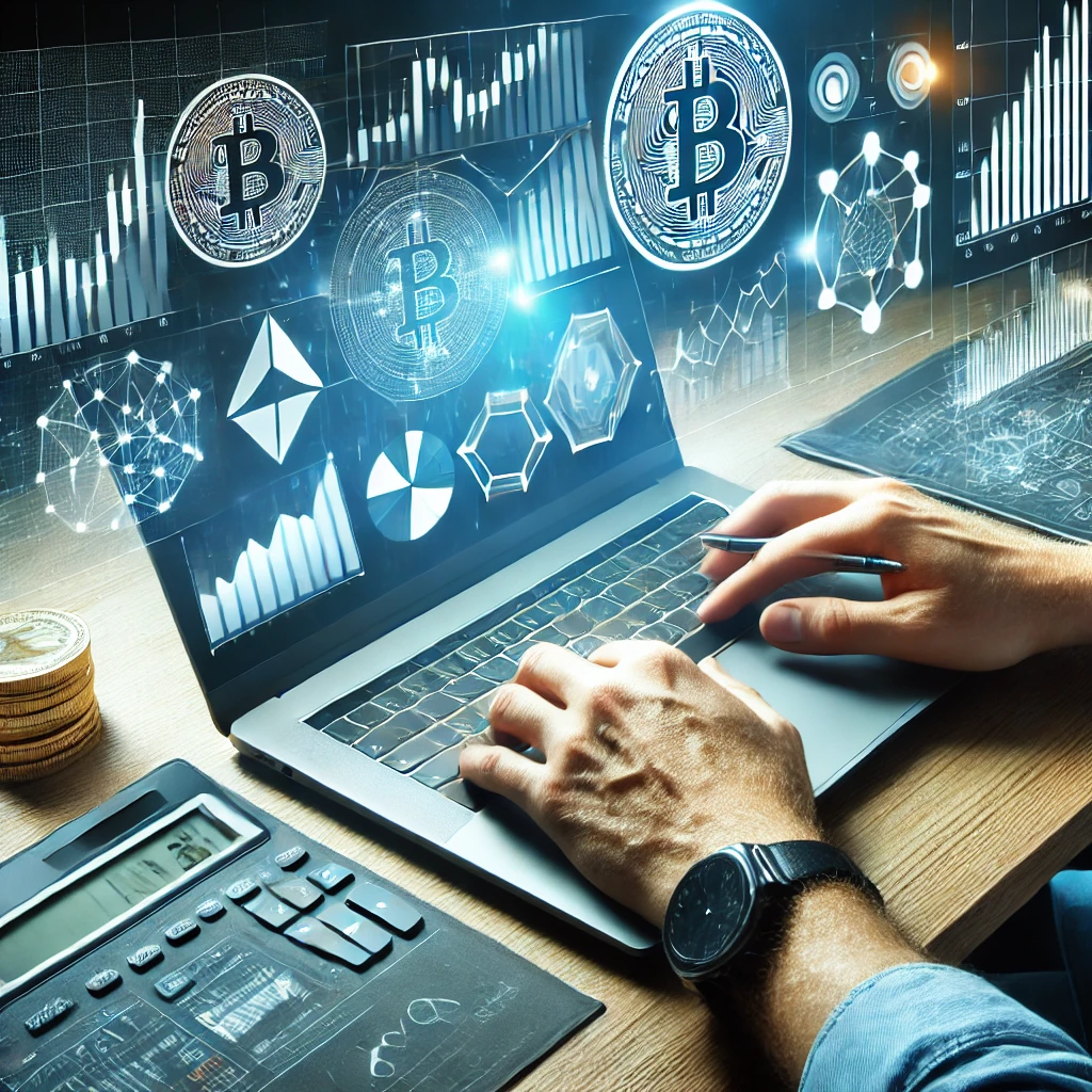 암호화폐 데이터를 분석하는 투자자와 여러 개의 그래프